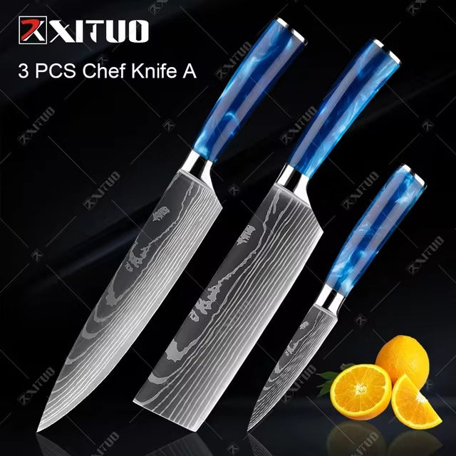 Exquisite Kitchen Knife Set with Blue Resin Handle