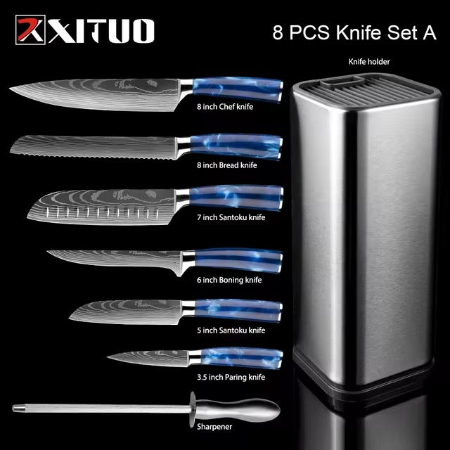 Exquisite Kitchen Knife Set with Blue Resin Handle