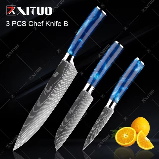 Exquisite Kitchen Knife Set with Blue Resin Handle