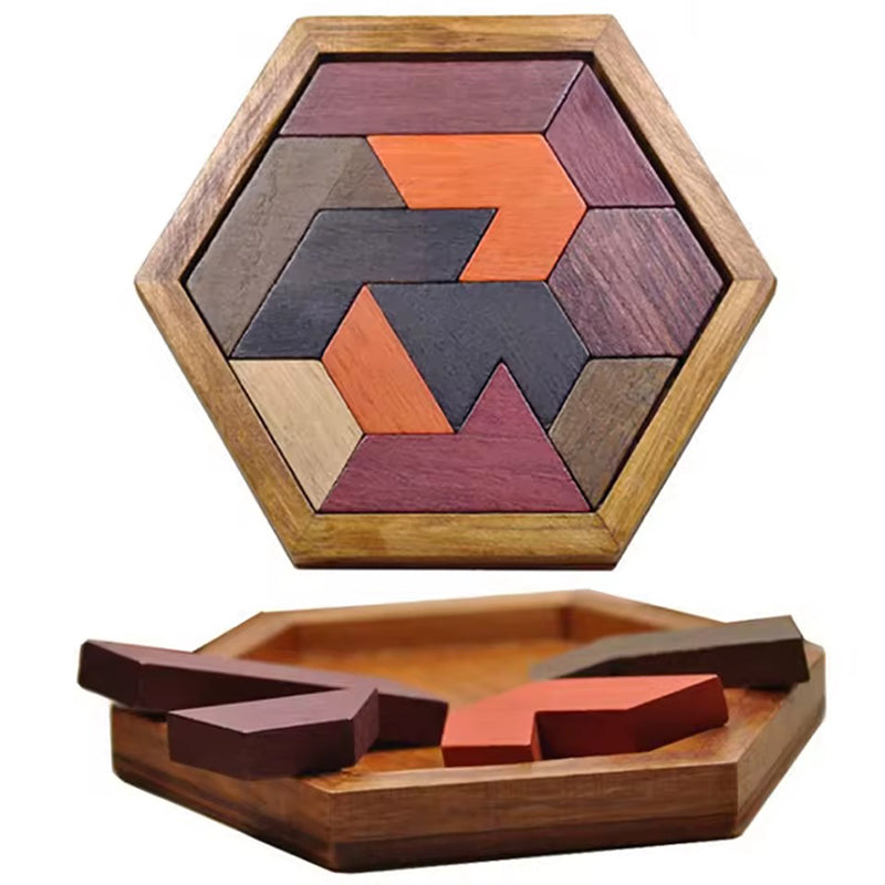 Hexagonal Wooden Tangram Puzzle - IQ Brain Teaser for Adults