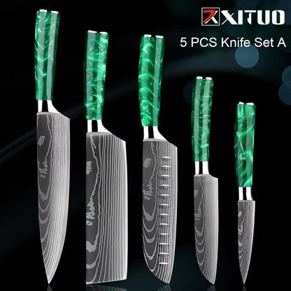 New Stainless Steel Kitchen Knife Set with Green Resin Handle