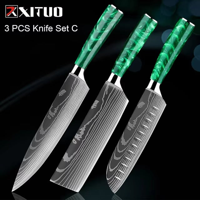 New Stainless Steel Kitchen Knife Set with Green Resin Handle