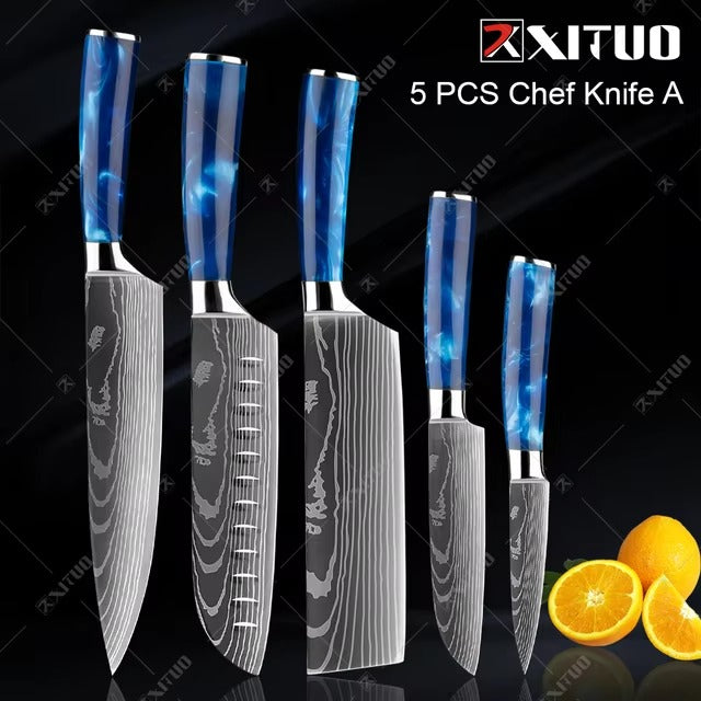 Exquisite Kitchen Knife Set with Blue Resin Handle