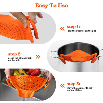 Universal Silicone Clip-On Pot Strainer - Anti-Spill Food Grade Colander