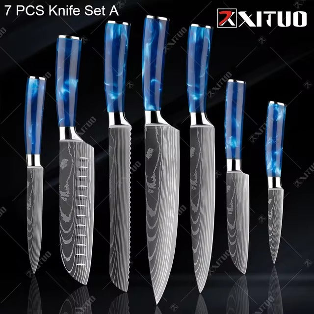 Exquisite Kitchen Knife Set with Blue Resin Handle