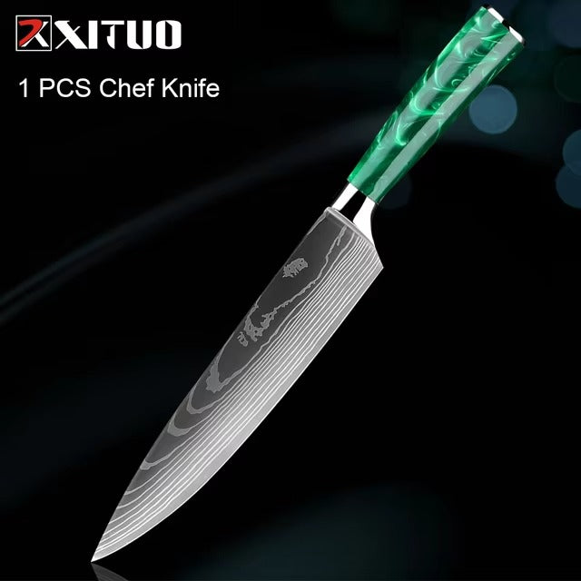 New Stainless Steel Kitchen Knife Set with Green Resin Handle