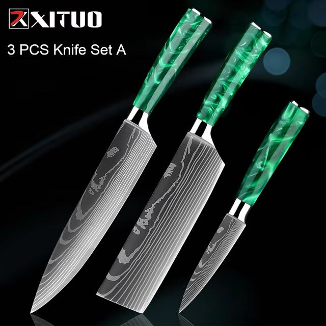 New Stainless Steel Kitchen Knife Set with Green Resin Handle