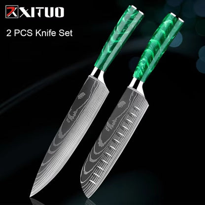 New Stainless Steel Kitchen Knife Set with Green Resin Handle