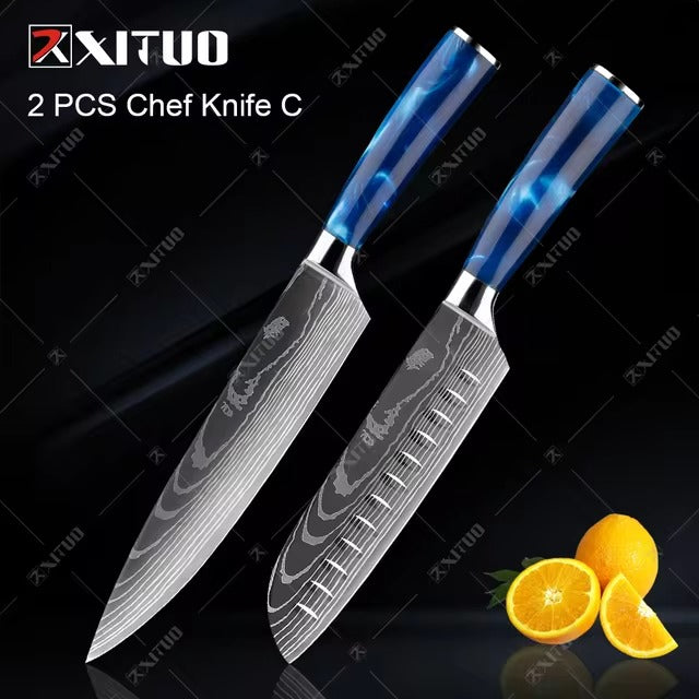 Exquisite Kitchen Knife Set with Blue Resin Handle