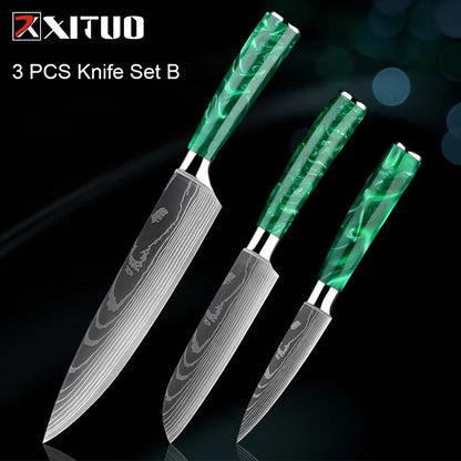 New Stainless Steel Kitchen Knife Set with Green Resin Handle