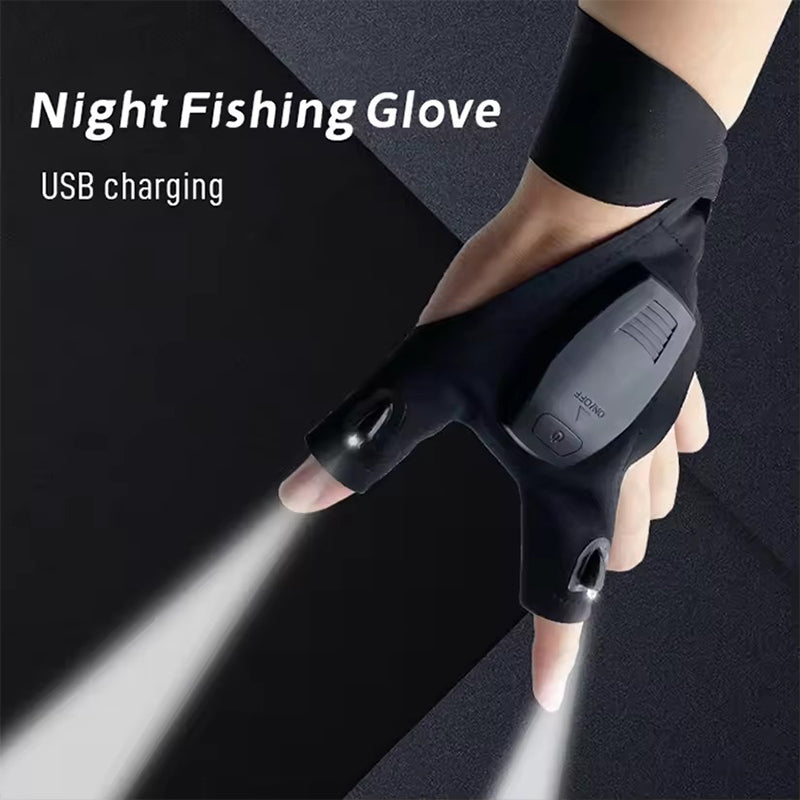 LED Flashlight Fishing Gloves - 2-Finger Protector, Rechargeable & Anti-Slip