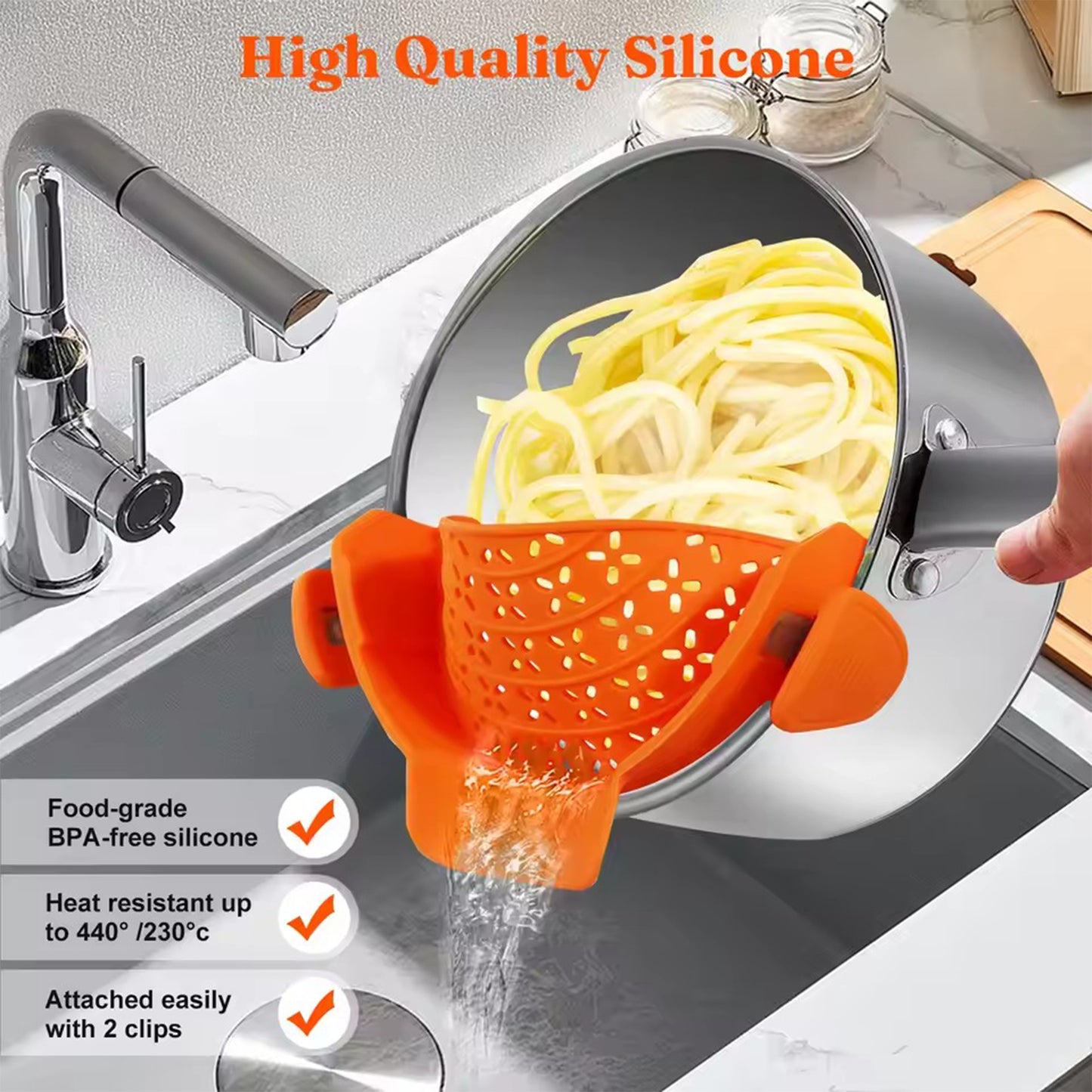 Universal Silicone Clip-On Pot Strainer - Anti-Spill Food Grade Colander