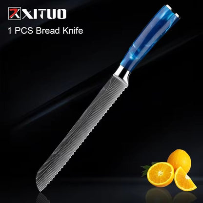 Exquisite Kitchen Knife Set with Blue Resin Handle