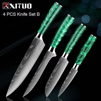 New Stainless Steel Kitchen Knife Set with Green Resin Handle