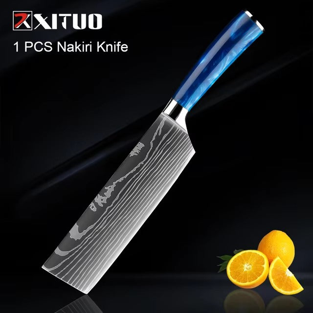 Exquisite Kitchen Knife Set with Blue Resin Handle