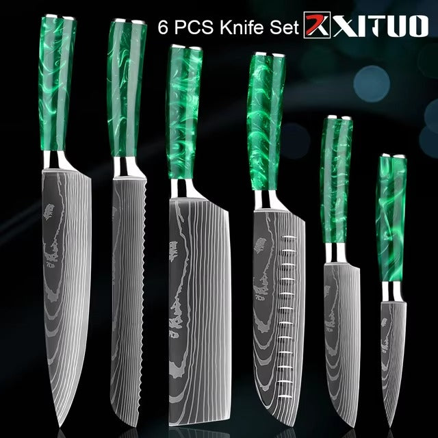 New Stainless Steel Kitchen Knife Set with Green Resin Handle