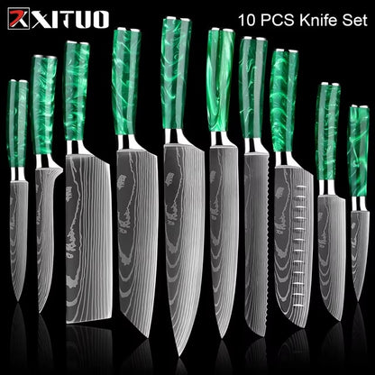 New Stainless Steel Kitchen Knife Set with Green Resin Handle