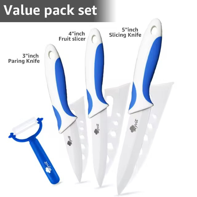 Ceramic Kitchen Knife Set | 3", 4", 5", 6" White Blade Chef Knives with Stand & Peeler | Anti-Slip Handle for Fruits & Vegetables