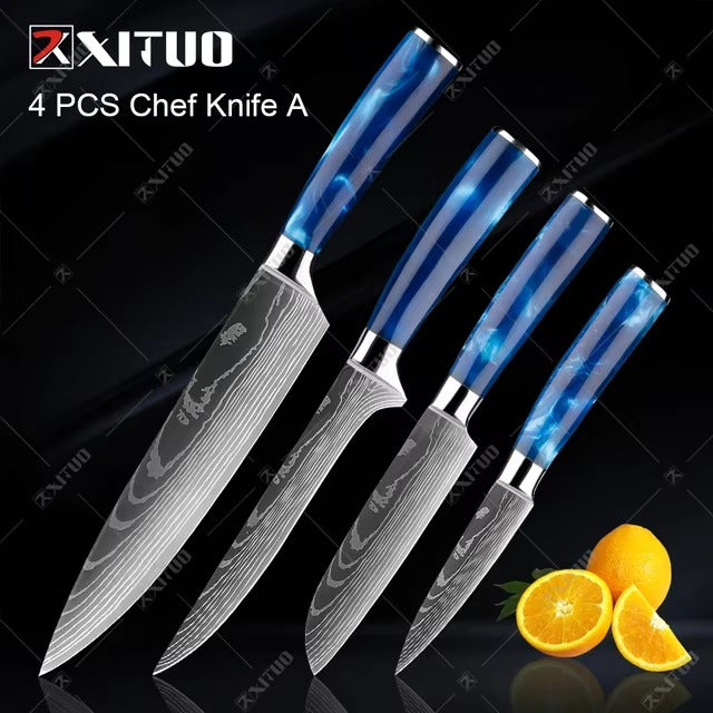 Exquisite Kitchen Knife Set with Blue Resin Handle