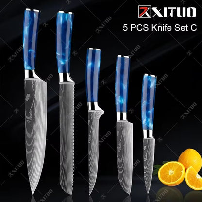 Exquisite Kitchen Knife Set with Blue Resin Handle