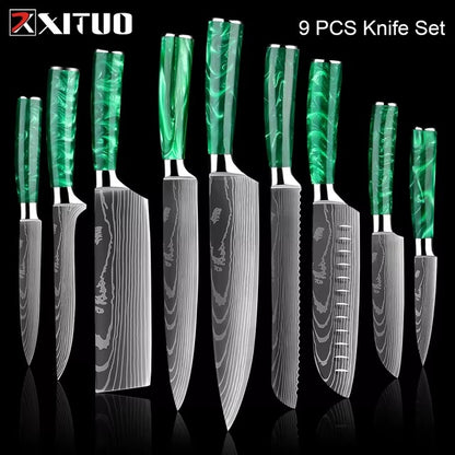 New Stainless Steel Kitchen Knife Set with Green Resin Handle