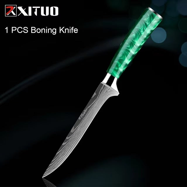 New Stainless Steel Kitchen Knife Set with Green Resin Handle