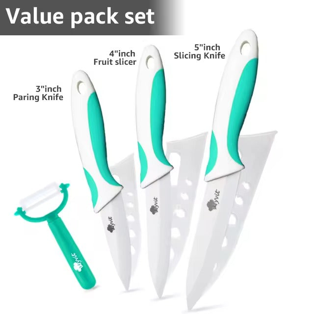 Ceramic Kitchen Knife Set | 3", 4", 5", 6" White Blade Chef Knives with Stand & Peeler | Anti-Slip Handle for Fruits & Vegetables