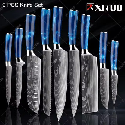 Exquisite Kitchen Knife Set with Blue Resin Handle