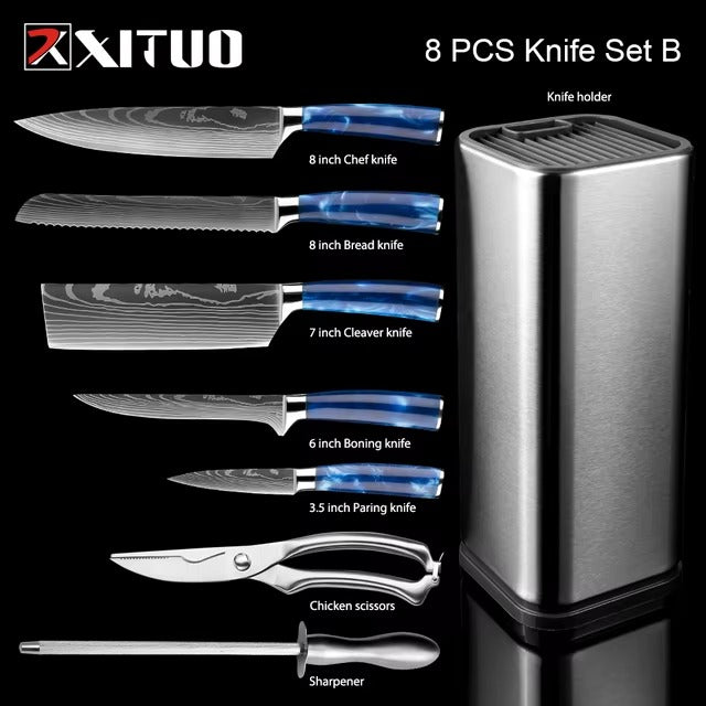 Exquisite Kitchen Knife Set with Blue Resin Handle