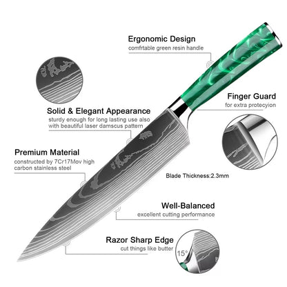 New Stainless Steel Kitchen Knife Set with Green Resin Handle