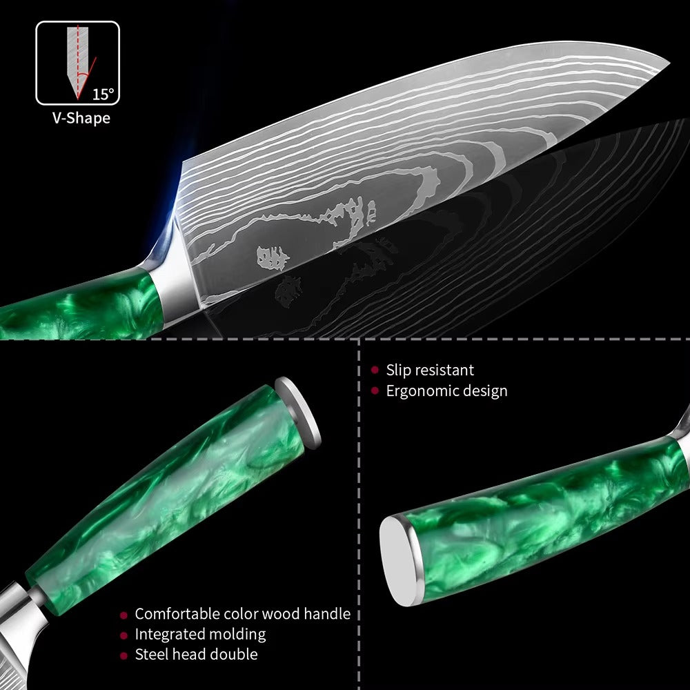 New Stainless Steel Kitchen Knife Set with Green Resin Handle