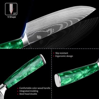 New Stainless Steel Kitchen Knife Set with Green Resin Handle