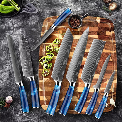 Exquisite Kitchen Knife Set with Blue Resin Handle